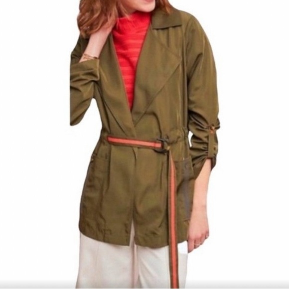 NWOT anthropologie, army, green jacket with orange trim, and a tie belt - Picture 3 of 5